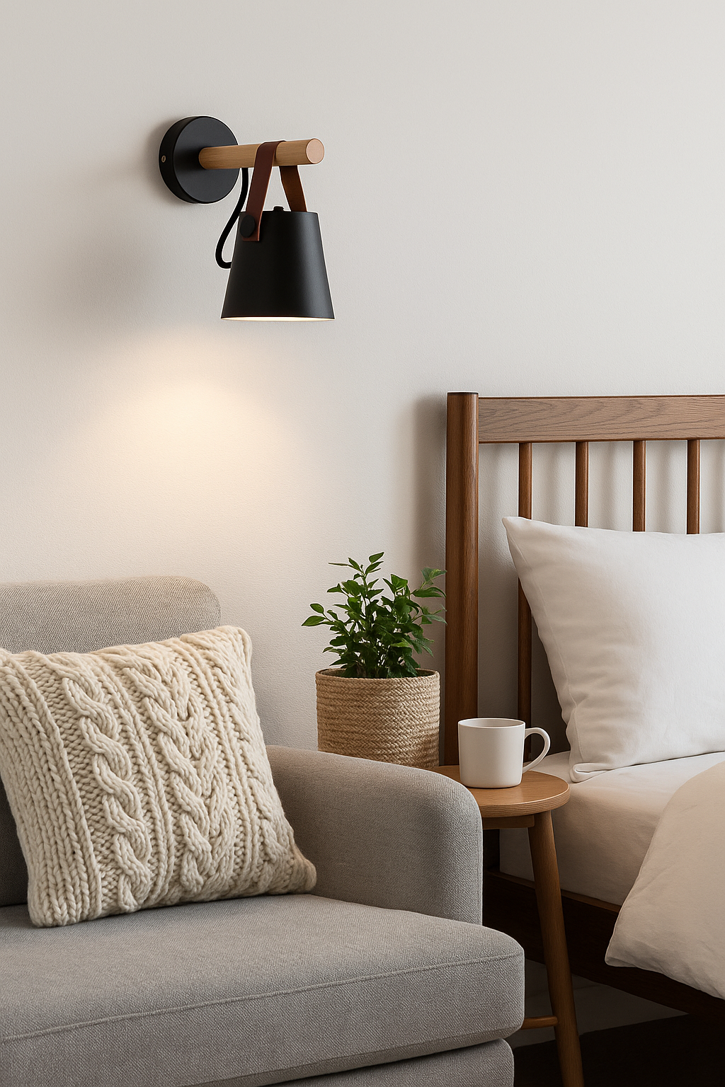 Maison Nuna | Nordic Wall Lamp with Wooden Arm & Leather Strap