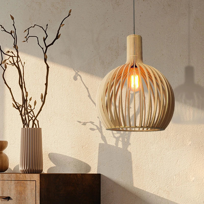 🪶 Wooden Bird Cage Pendant Lamp